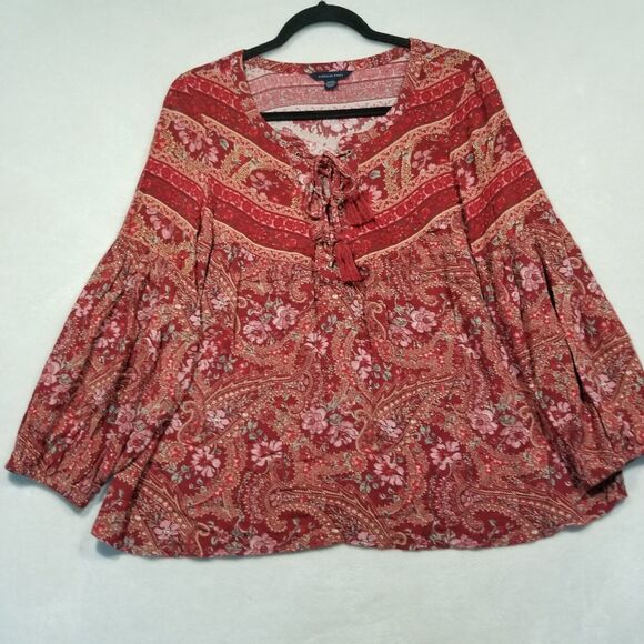 American Eagle Womens Medium Boho Peasant Top Red Paisley Balloon Sleeve Viscose - Picture 1 of 11